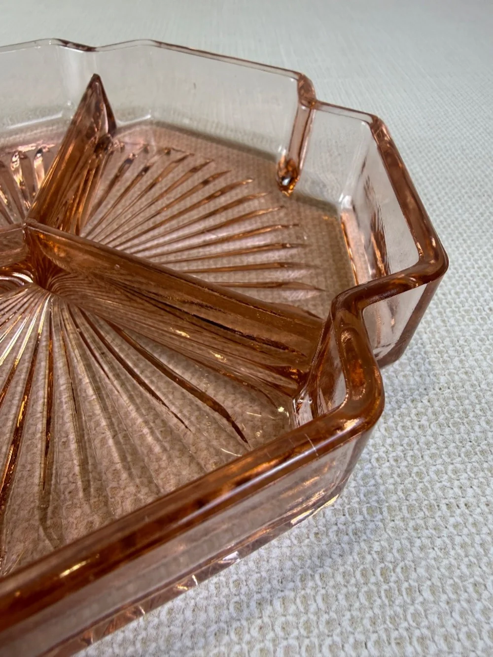 Pink Depression Glass 3-Section Divided Relish & Candy Dish — Starburst Pattern - Picture 6 of 10